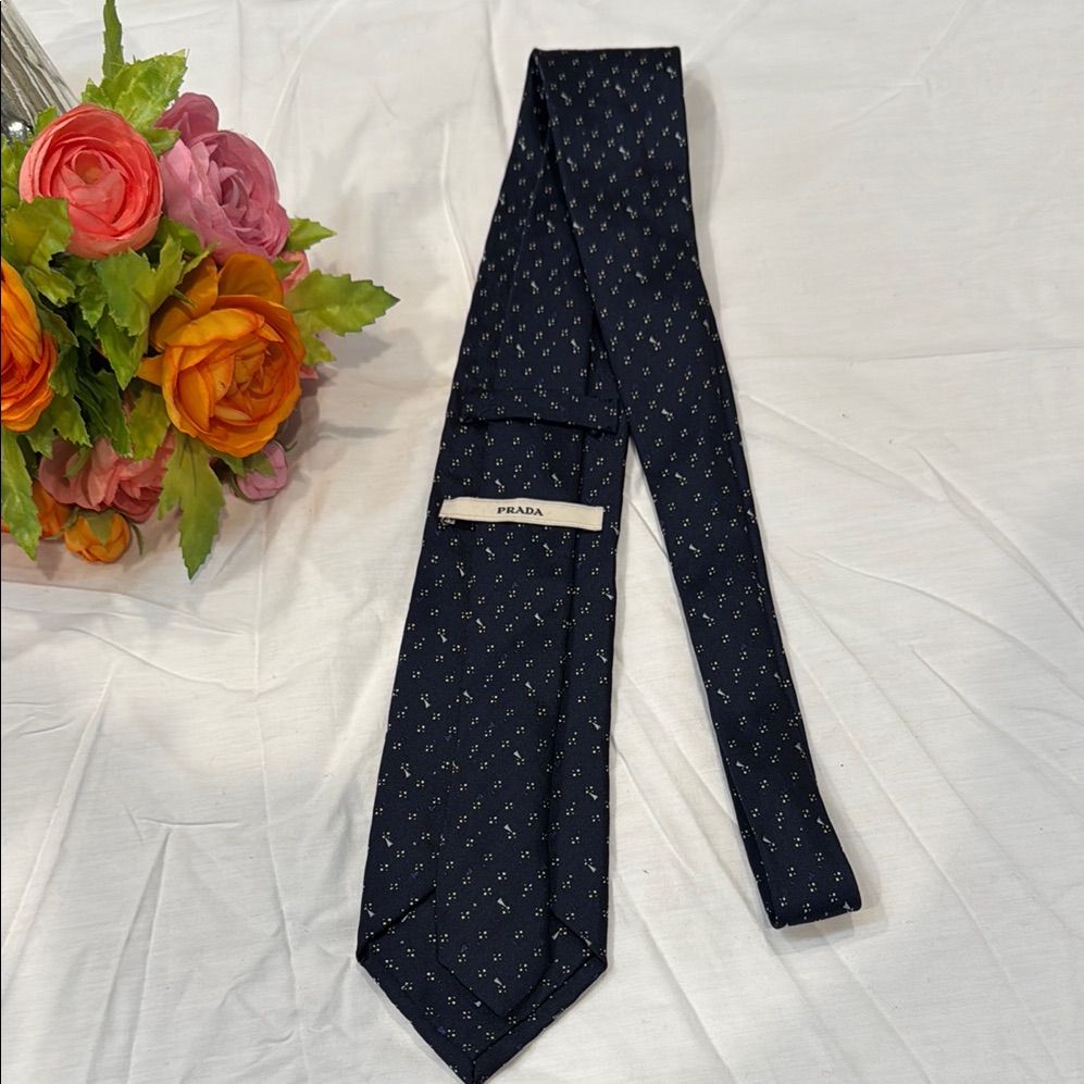 Authentic Prada Navy Blue Patterned Tie